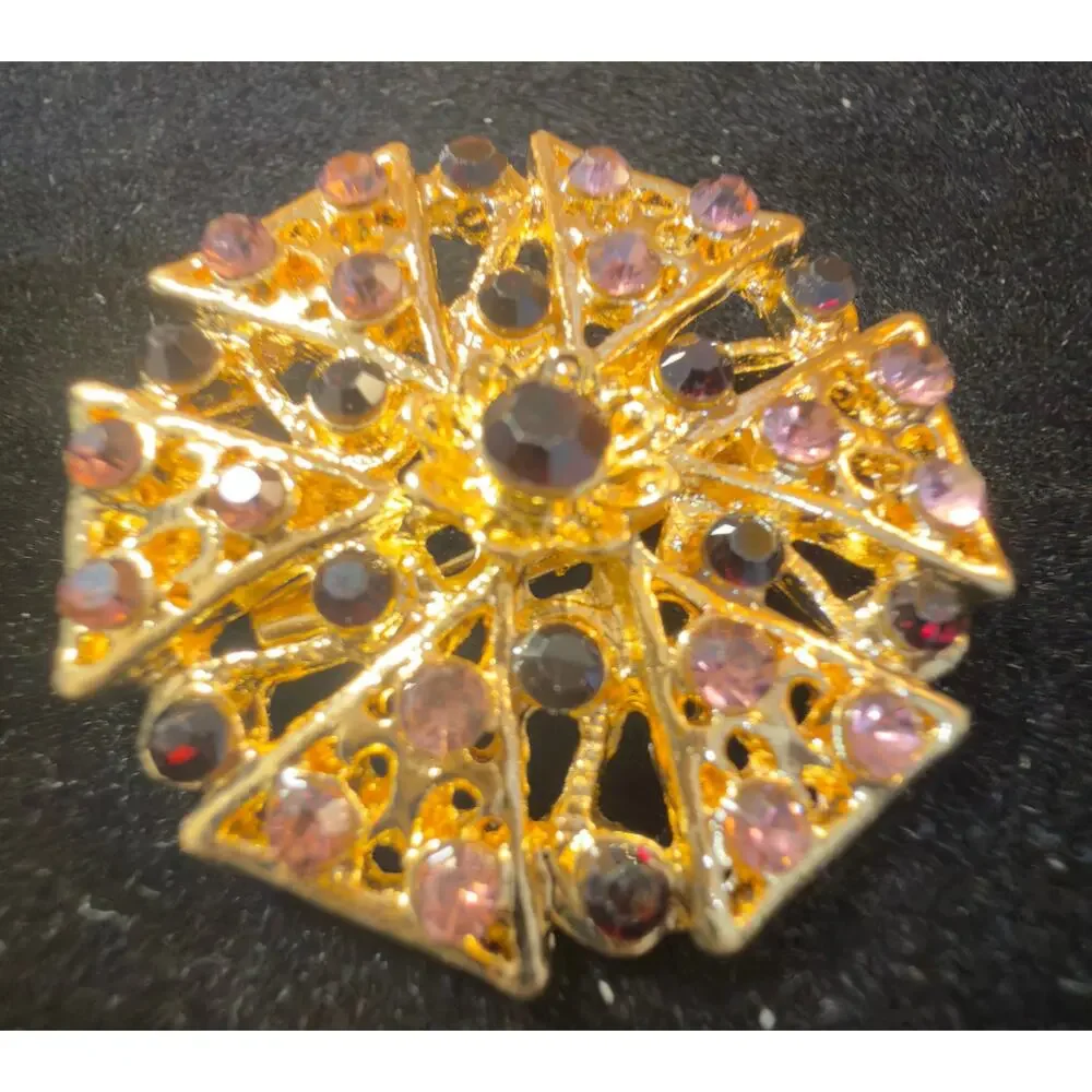 VTG Gold-Tone Pink Garnet Rhinestone Starburst Brooch Floral Filigree Statement